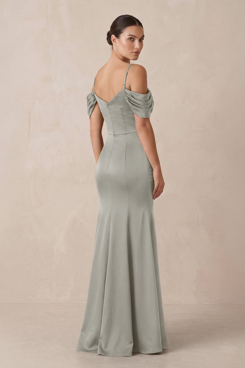 Off-the-Shoulder Mermaid Ruched Bridesmaid Dress in Silver