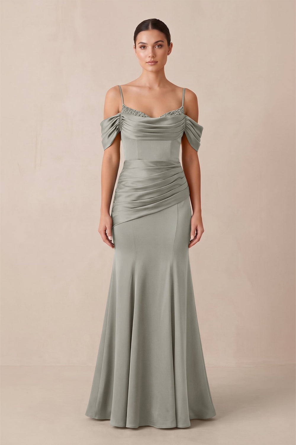 Off-the-Shoulder Mermaid Ruched Bridesmaid Dress in Silver