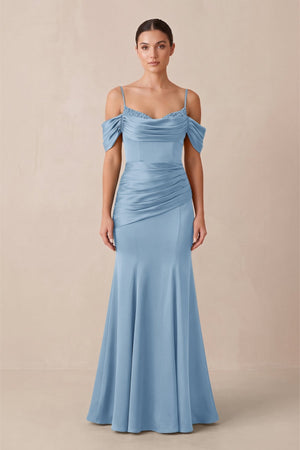Off - the - Shoulder Mermaid Ruched Bridesmaid Dress in Sky Blue - KISS BRIDAL Bridesmaid Dresses