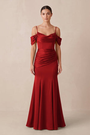 Off - the - Shoulder Mermaid Ruched Bridesmaid Dress in Spice - KISS BRIDAL Bridesmaid Dresses