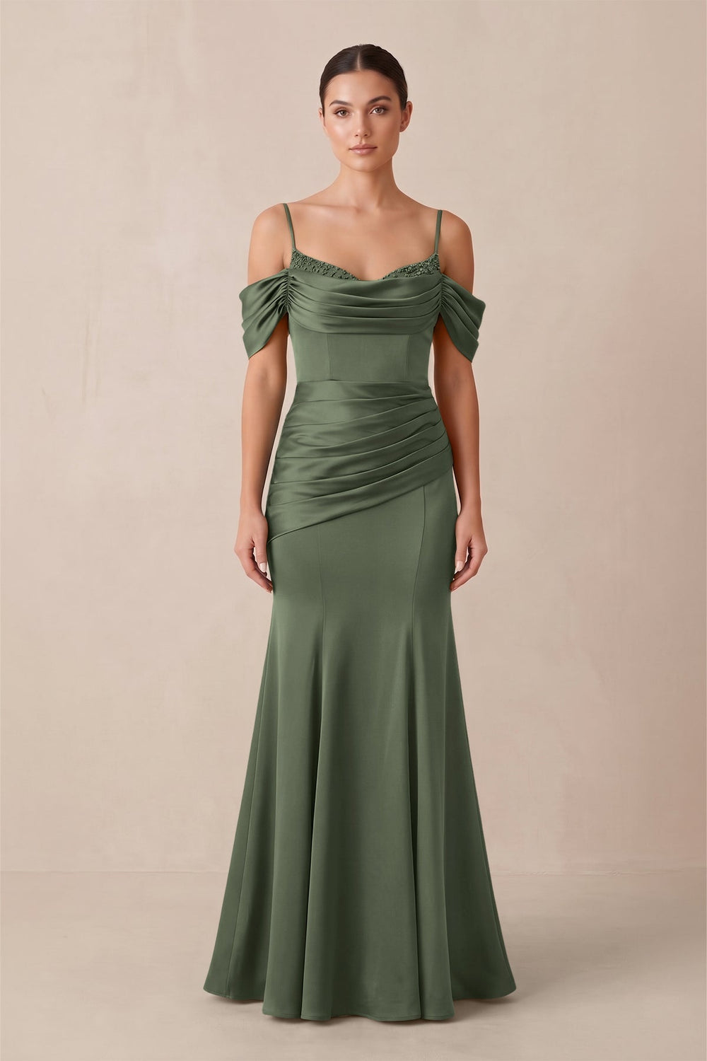 Off-the-Shoulder Mermaid Ruched Bridesmaid Dress in Thyme