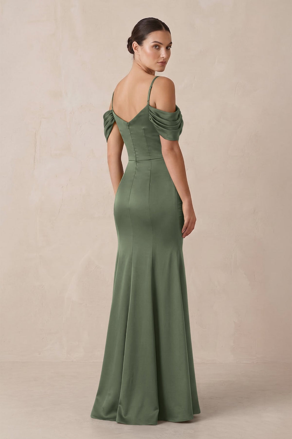 Off-the-Shoulder Mermaid Ruched Bridesmaid Dress in Thyme