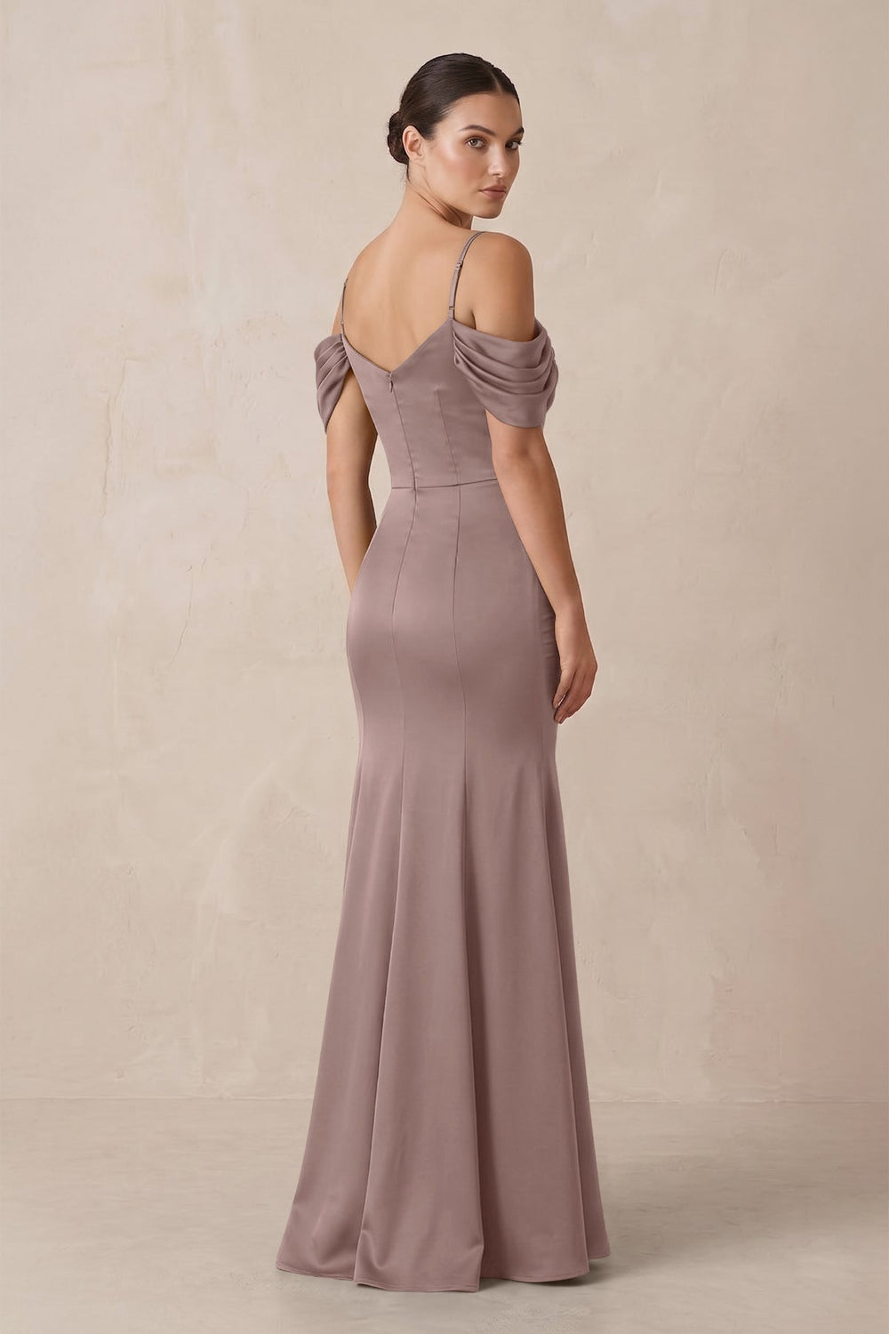 Off-the-Shoulder Mermaid Ruched Bridesmaid Dress in Toffee