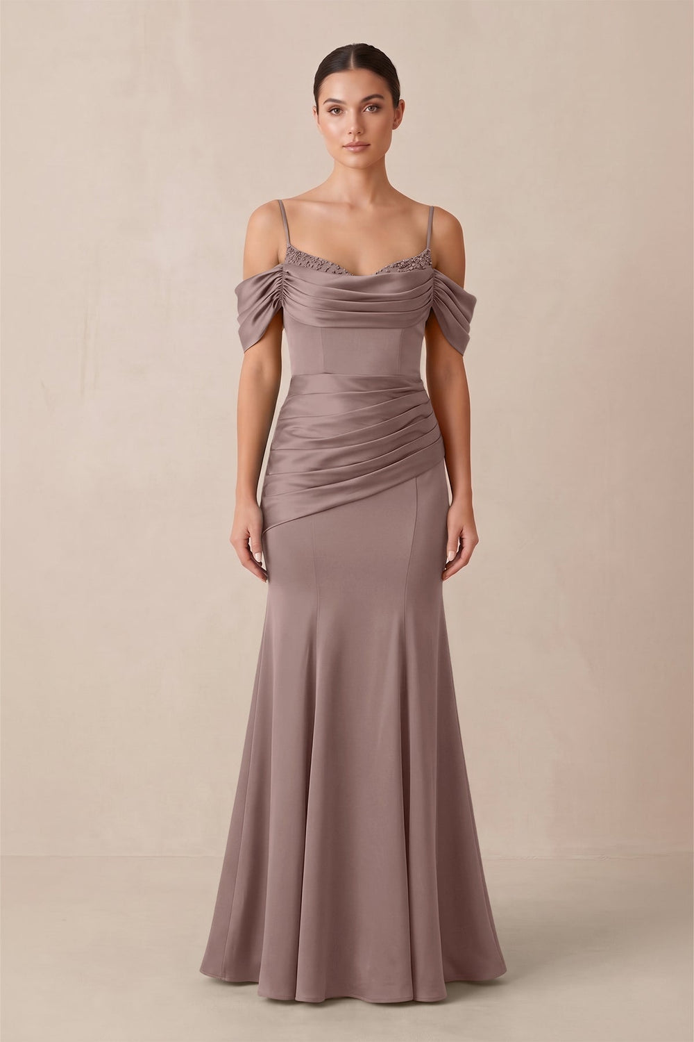 Off-the-Shoulder Mermaid Ruched Bridesmaid Dress in Toffee