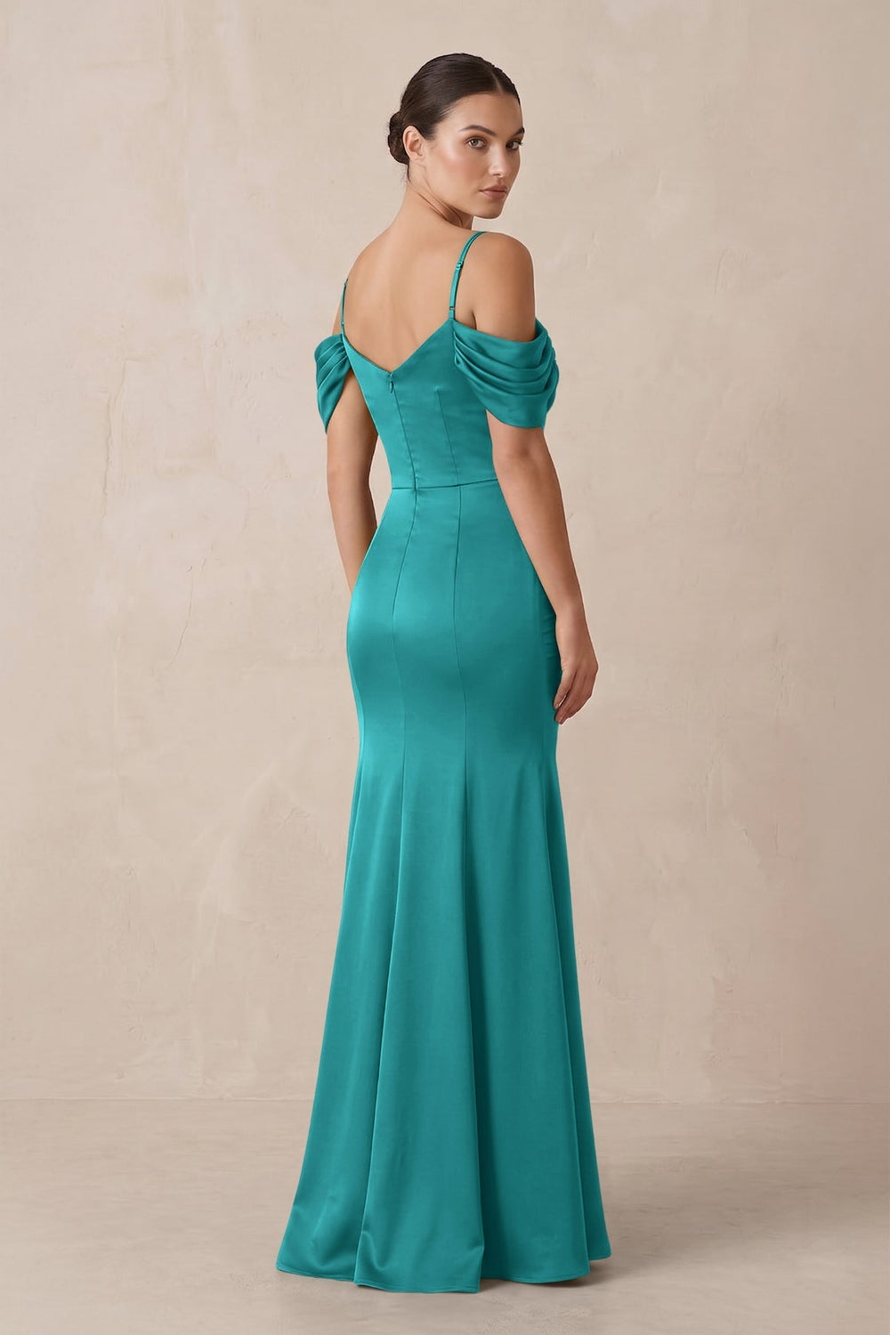 Off-the-Shoulder Mermaid Ruched Bridesmaid Dress in Turquoise