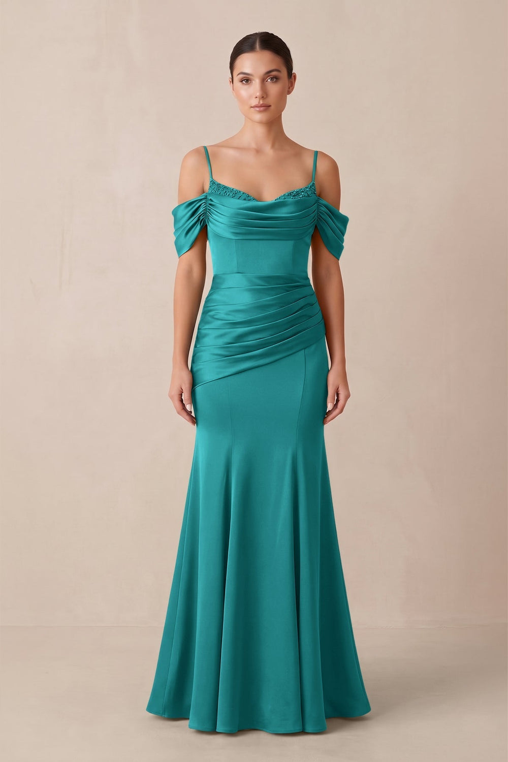 Off-the-Shoulder Mermaid Ruched Bridesmaid Dress in Turquoise