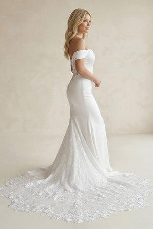 Off - the - Shoulder Mermaid Satin Lace Wedding Dress in White - KISS BRIDAL Wedding Dresses