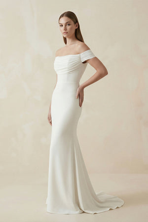 Off - the - Shoulder Mermaid Satin Pleated Wedding Dress in White - KISS BRIDAL Wedding Dresses