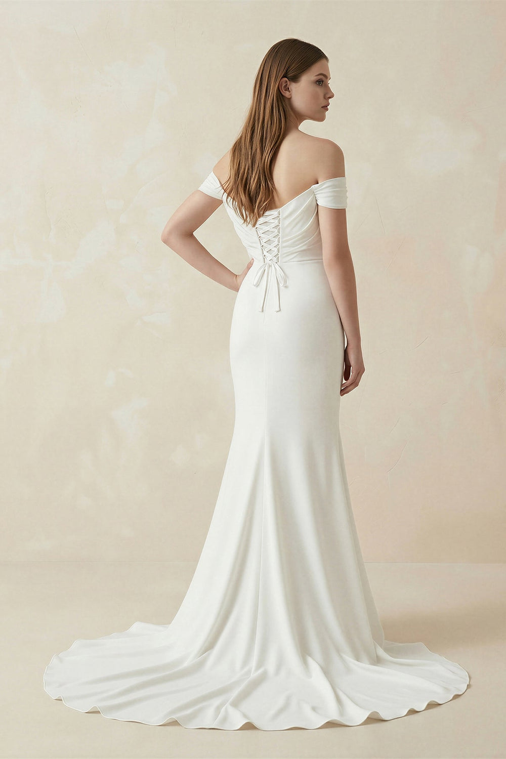 Off-the-Shoulder Mermaid Satin Pleated Wedding Dress in White