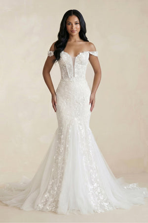 Off - the - Shoulder Mermaid Tulle Appliqued Wedding Dress in White - KISS BRIDAL Wedding Dresses