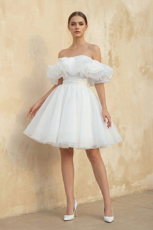 Off The Shoulder Organza A Line Wedding Dress in White - KISS BRIDAL Wedding Dresses