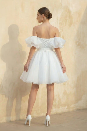 Off The Shoulder Organza A Line Wedding Dress in White - KISS BRIDAL Wedding Dresses