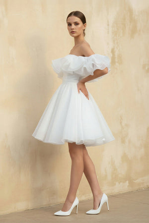 Off The Shoulder Organza A Line Wedding Dress in White - KISS BRIDAL Wedding Dresses