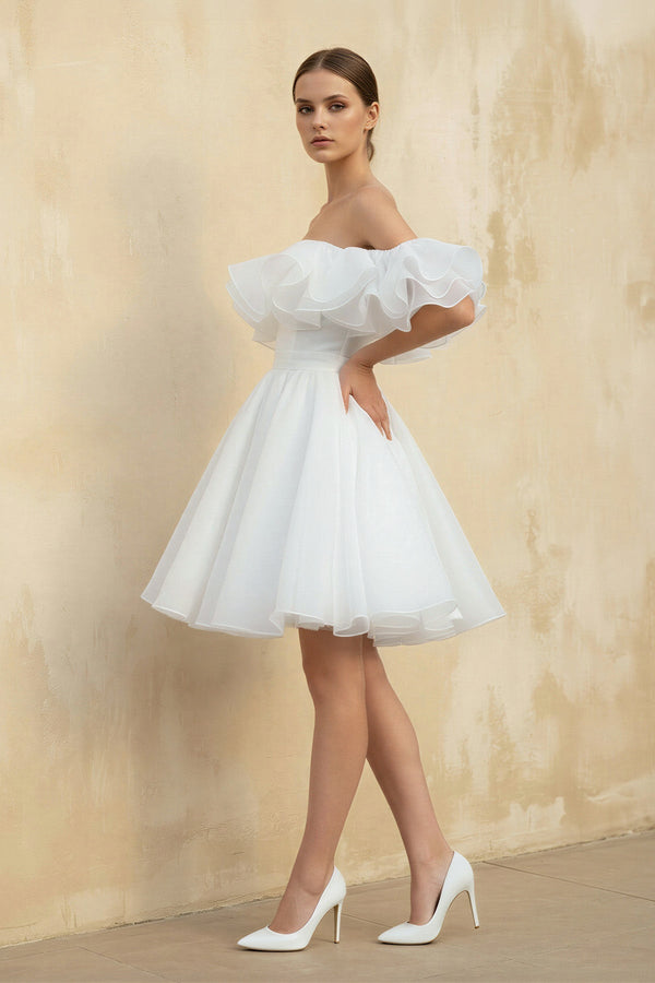Off The Shoulder Organza A Line Wedding Dress in White - KISS BRIDAL Wedding Dresses
