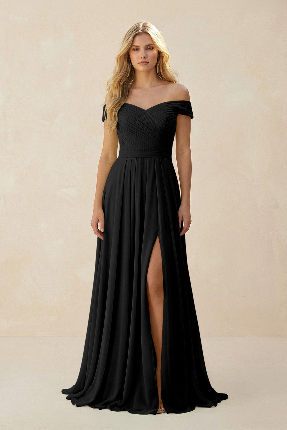 Off-the-Shoulder Pleated A-Line Chiffon Bridesmaid Dress in Black