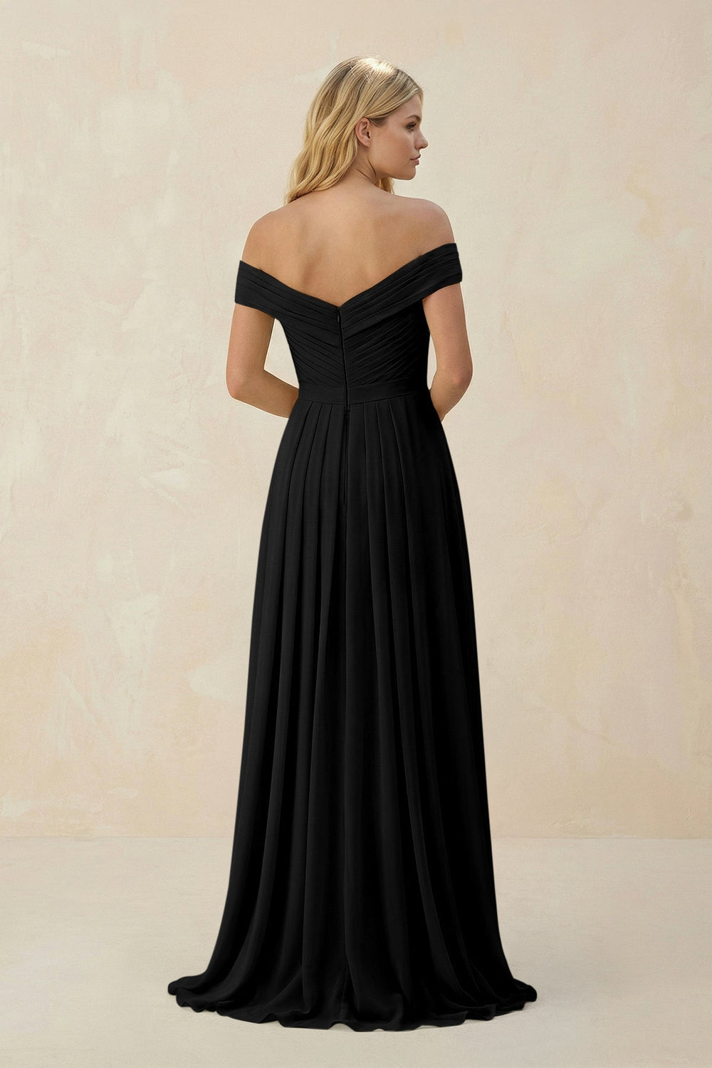 Off-the-Shoulder Pleated A-Line Chiffon Bridesmaid Dress in Black
