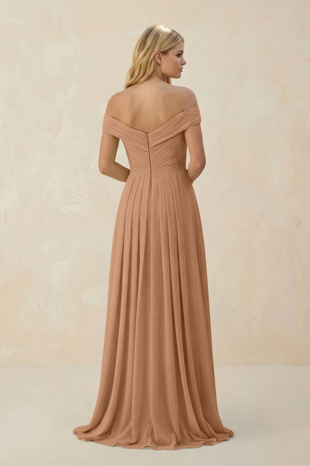 Off-the-Shoulder Pleated A-Line Chiffon Bridesmaid Dress in Bronzer