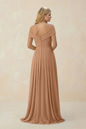 Off - the - Shoulder Pleated A - Line Chiffon Bridesmaid Dress in Bronzer - KISS BRIDAL Bridesmaid Dresses