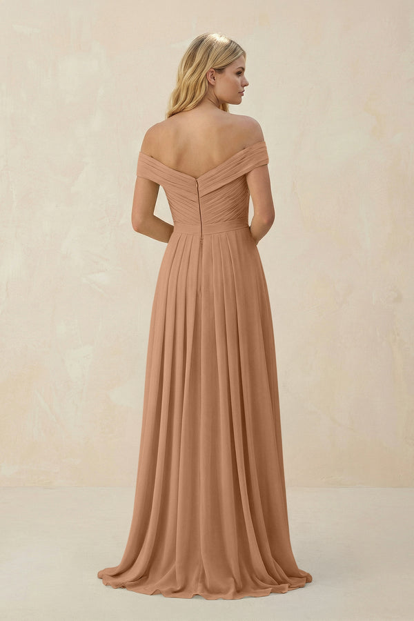 Off - the - Shoulder Pleated A - Line Chiffon Bridesmaid Dress in Bronzer - KISS BRIDAL Bridesmaid Dresses