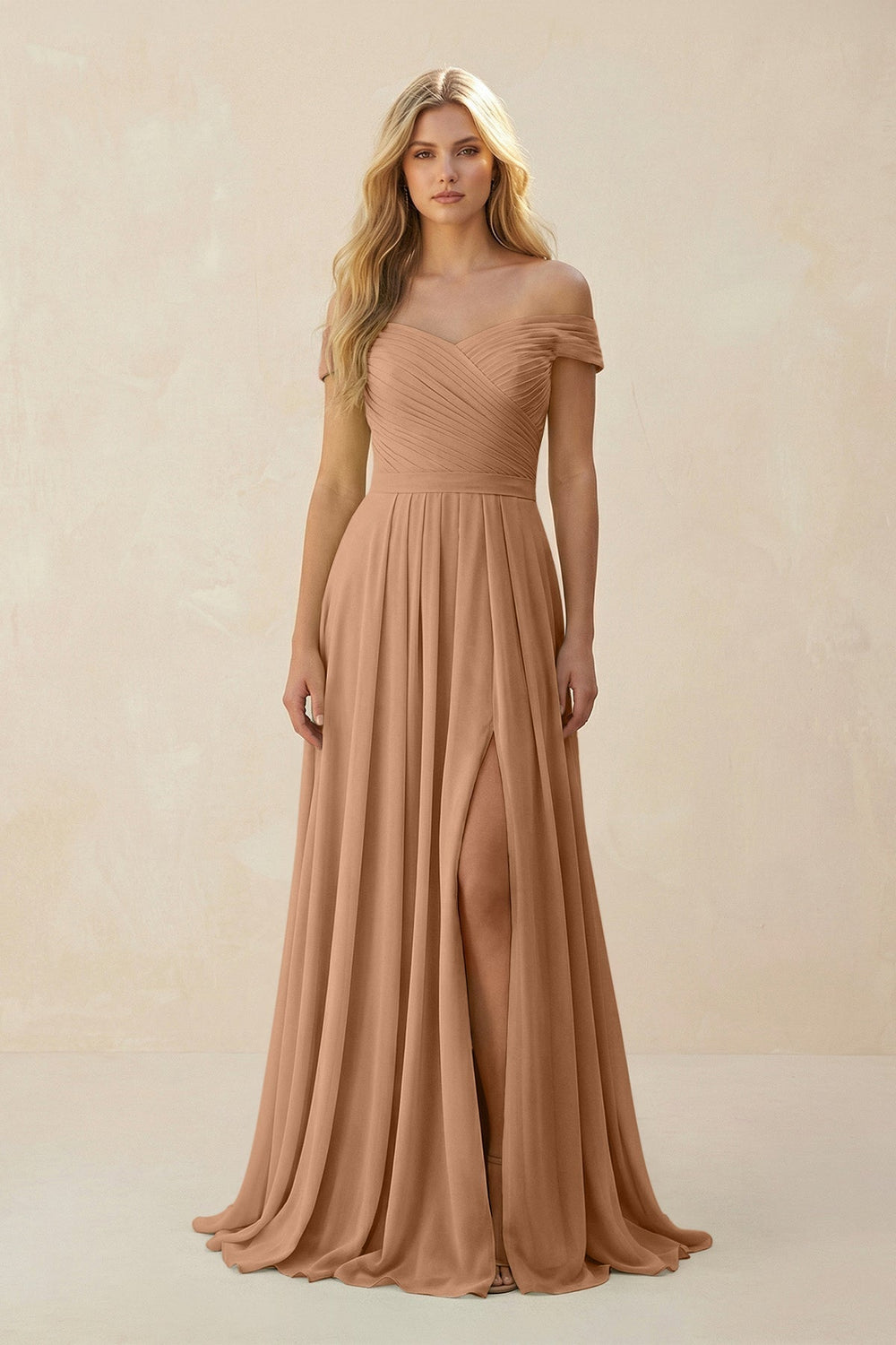 Off-the-Shoulder Pleated A-Line Chiffon Bridesmaid Dress in Bronzer