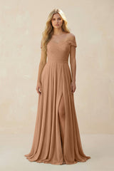 Off - the - Shoulder Pleated A - Line Chiffon Bridesmaid Dress in Bronzer - KISS BRIDAL Bridesmaid Dresses