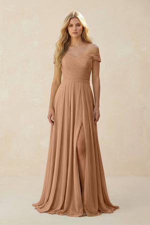 Off - the - Shoulder Pleated A - Line Chiffon Bridesmaid Dress in Bronzer - KISS BRIDAL Bridesmaid Dresses