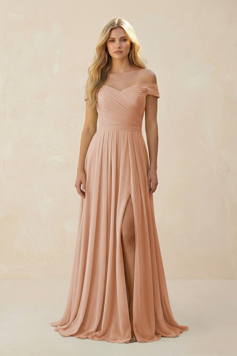Off-the-Shoulder Pleated A-Line Chiffon Bridesmaid Dress in Champagne Rose