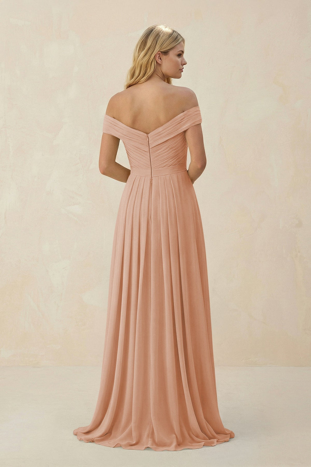 Off-the-Shoulder Pleated A-Line Chiffon Bridesmaid Dress in Champagne Rose
