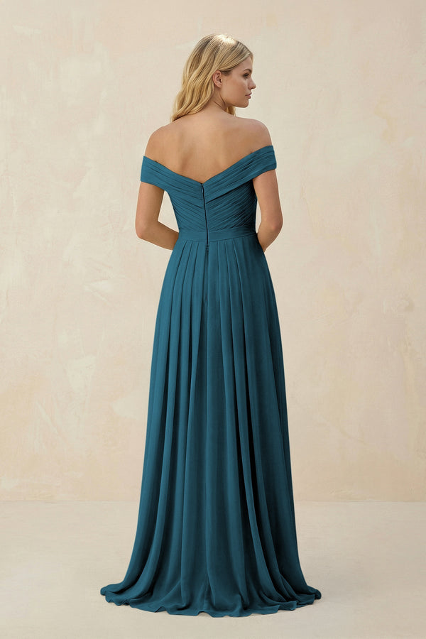 Off - the - Shoulder Pleated A - Line Chiffon Bridesmaid Dress in Dark Teal - KISS BRIDAL Bridesmaid Dresses