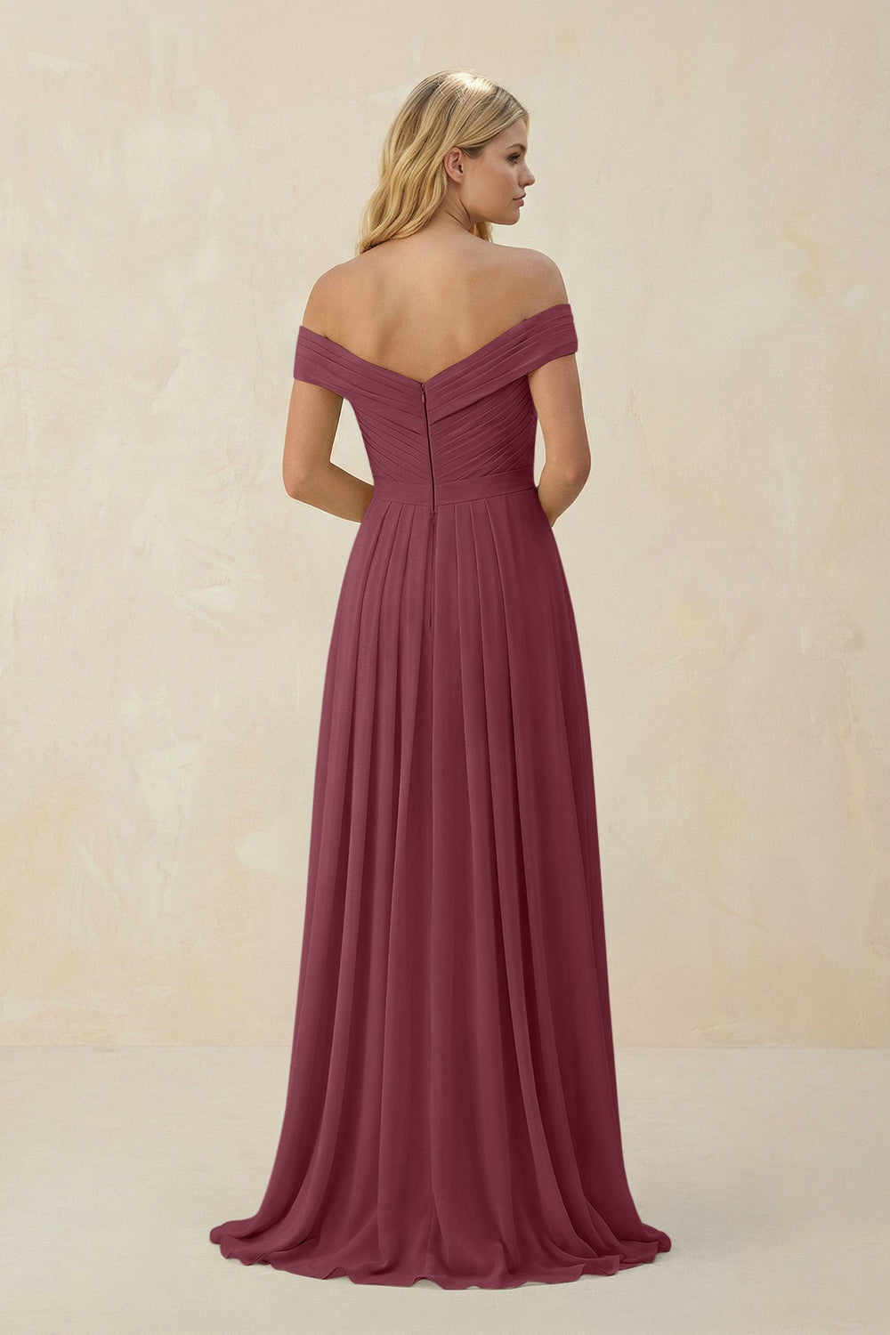 Off-the-Shoulder Pleated A-Line Chiffon Bridesmaid Dress in Desert Rose