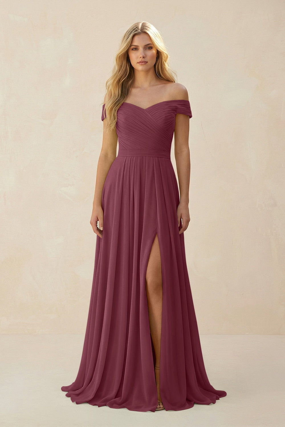 Off-the-Shoulder Pleated A-Line Chiffon Bridesmaid Dress in Desert Rose