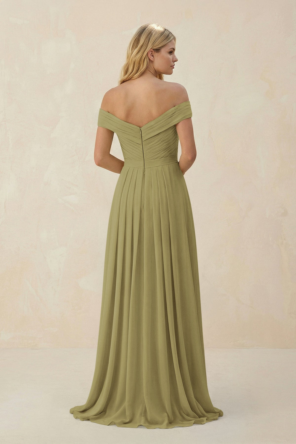 Off-the-Shoulder Pleated A-Line Chiffon Bridesmaid Dress in Moss Green