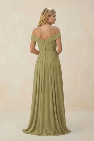 Off-the-Shoulder Pleated A-Line Chiffon Bridesmaid Dress in Moss Green (2) | KISSBRIDAL