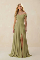 Off-the-Shoulder Pleated A-Line Chiffon Bridesmaid Dress in Moss Green | KISSBRIDAL
