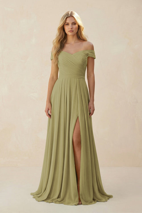 Off-the-Shoulder Pleated A-Line Chiffon Bridesmaid Dress in Moss Green | KISSBRIDAL