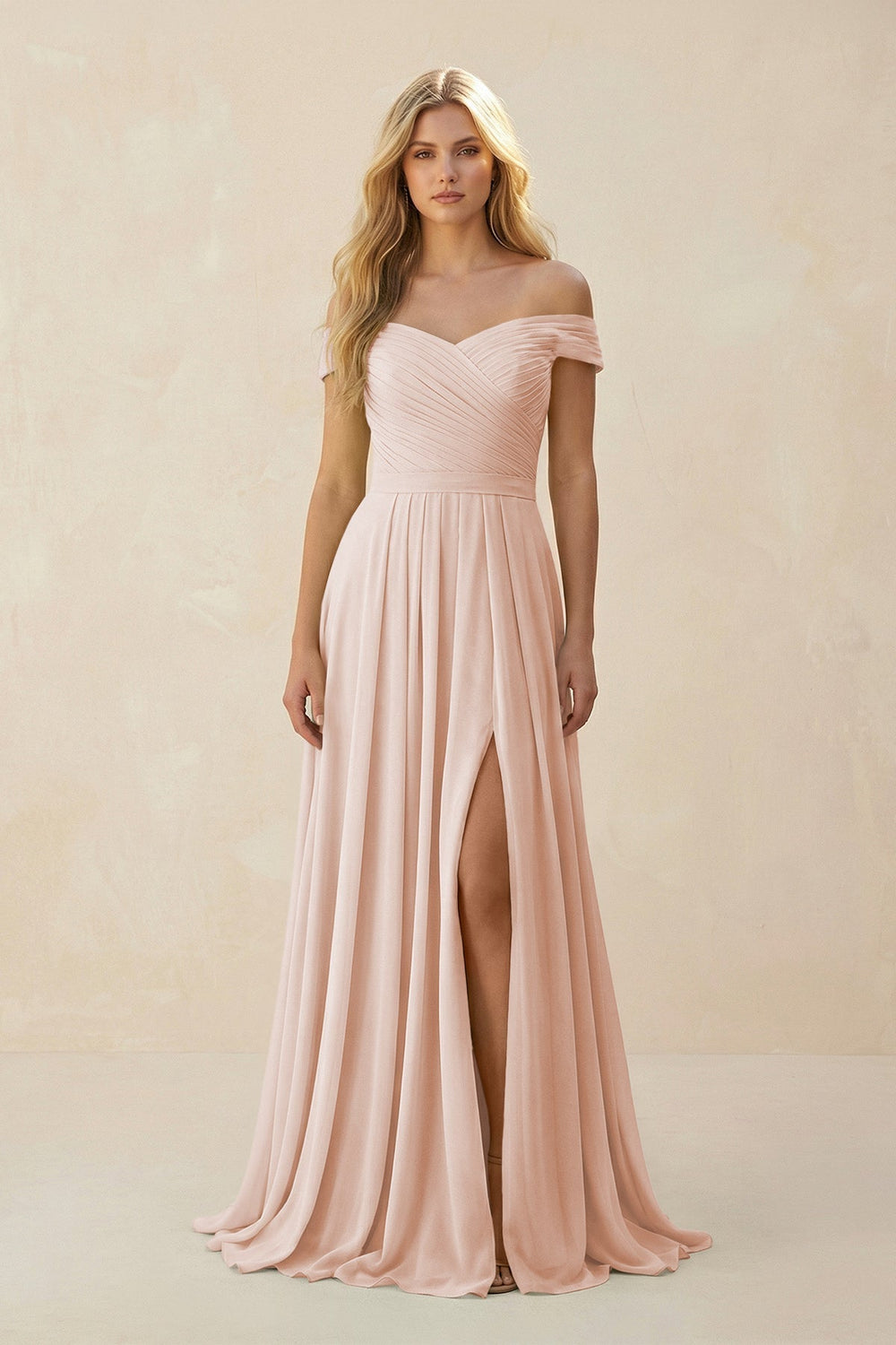 Off-the-Shoulder Pleated A-Line Chiffon Bridesmaid Dress in Pale Blush