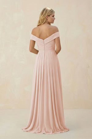 Off - the - Shoulder Pleated A - Line Chiffon Bridesmaid Dress in Pale Blush - KISS BRIDAL Bridesmaid Dresses