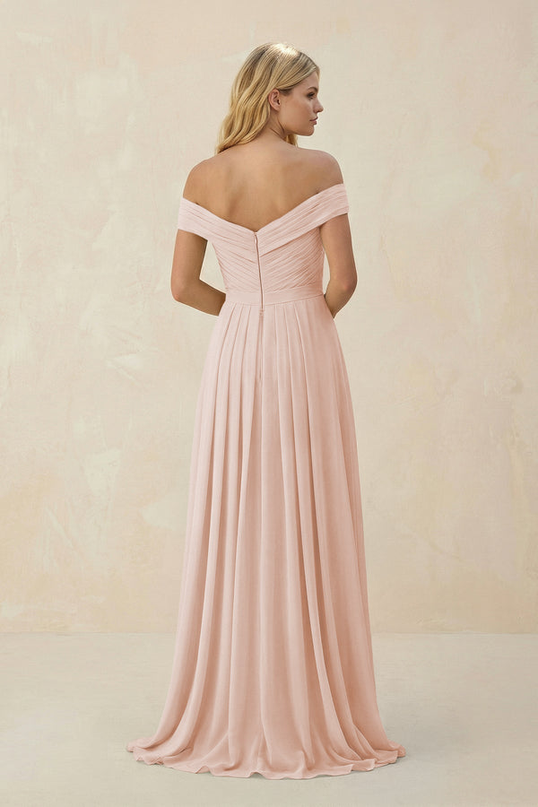 Off - the - Shoulder Pleated A - Line Chiffon Bridesmaid Dress in Pale Blush - KISS BRIDAL Bridesmaid Dresses