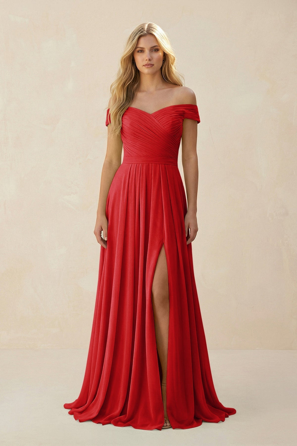 Off-the-Shoulder Pleated A-Line Chiffon Bridesmaid Dress in Ruby Red