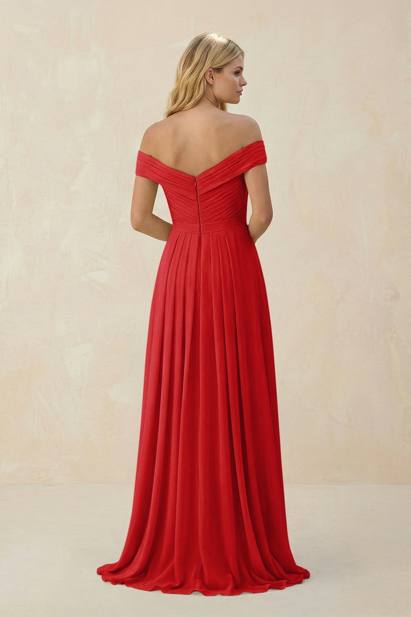 Off - the - Shoulder Pleated A - Line Chiffon Bridesmaid Dress in Ruby Red - KISS BRIDAL Bridesmaid Dresses