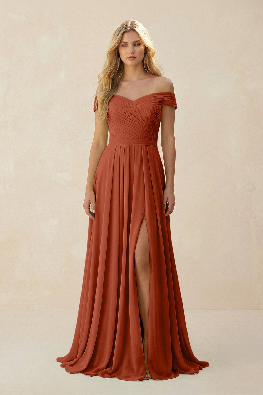 Off-the-Shoulder Pleated A-Line Chiffon Bridesmaid Dress in Spice