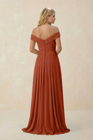Off - the - Shoulder Pleated A - Line Chiffon Bridesmaid Dress in Spice - KISS BRIDAL Bridesmaid Dresses