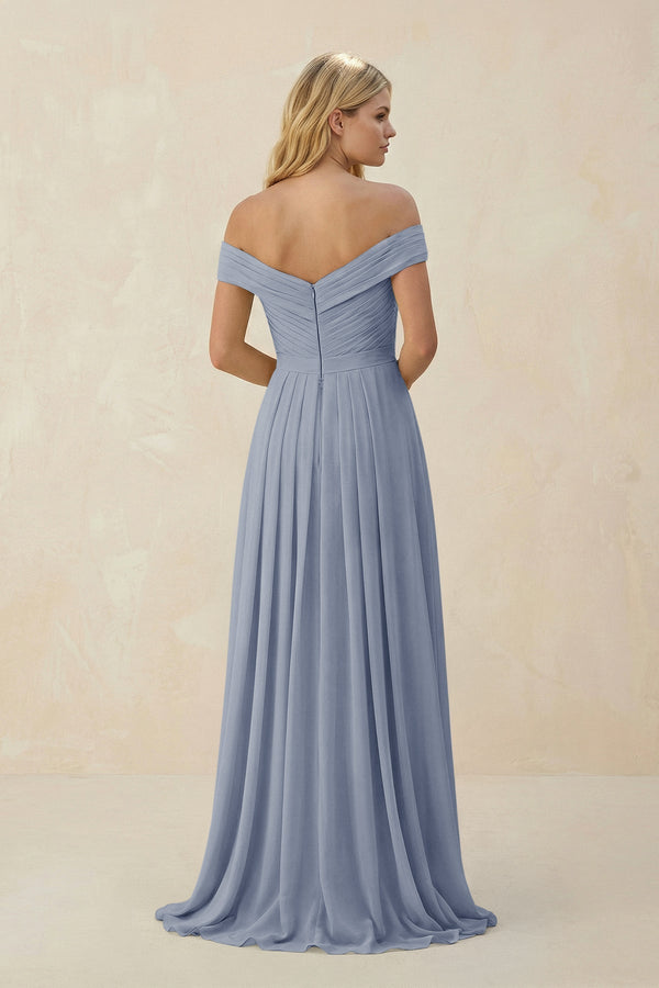 Off - the - Shoulder Pleated A - Line Chiffon Bridesmaid Dress in Twilight - KISS BRIDAL Bridesmaid Dresses