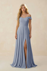 Off - the - Shoulder Pleated A - Line Chiffon Bridesmaid Dress in Twilight - KISS BRIDAL Bridesmaid Dresses