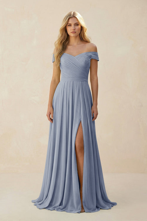 Off - the - Shoulder Pleated A - Line Chiffon Bridesmaid Dress in Twilight - KISS BRIDAL Bridesmaid Dresses