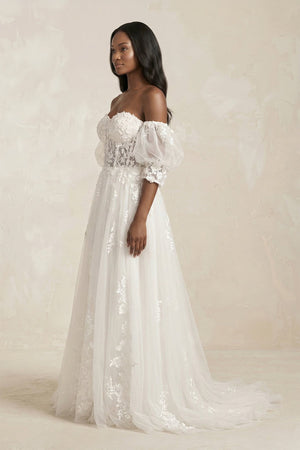 Off - the - Shoulder Puff Sleeves Appliqued Wedding Dress in White - KISS BRIDAL Wedding Dresses