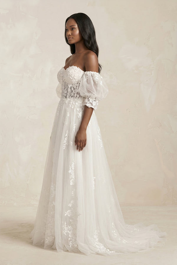 Off - the - Shoulder Puff Sleeves Appliqued Wedding Dress in White - KISS BRIDAL Wedding Dresses