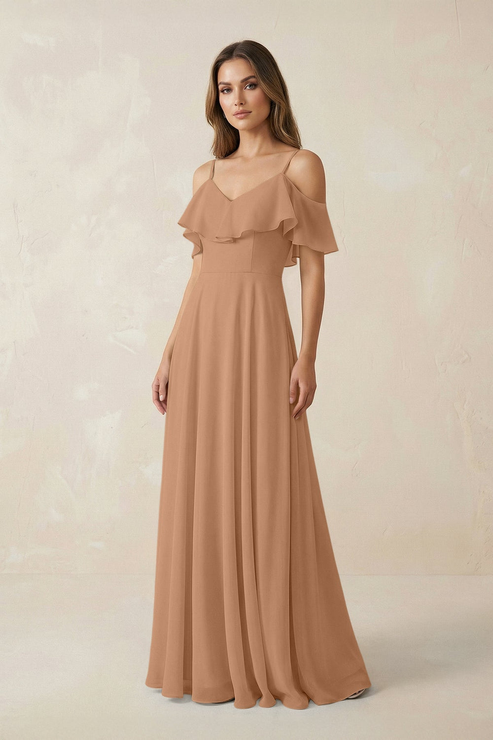Off-the-Shoulder Ruffled A-Line Chiffon Bridesmaid Dress in Bronzer