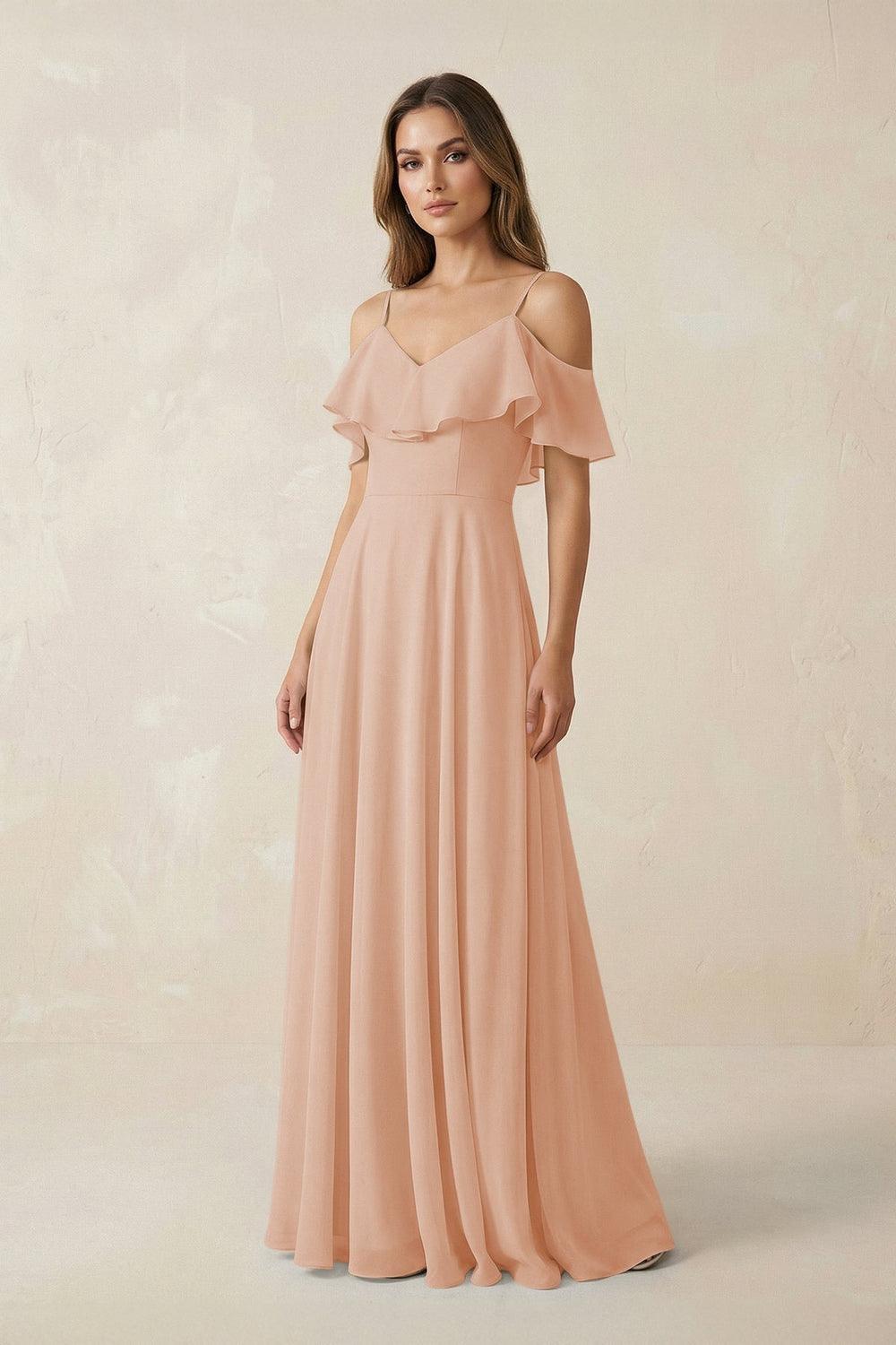Off-the-Shoulder Ruffled A-Line Chiffon Bridesmaid Dress in Champagne Rose