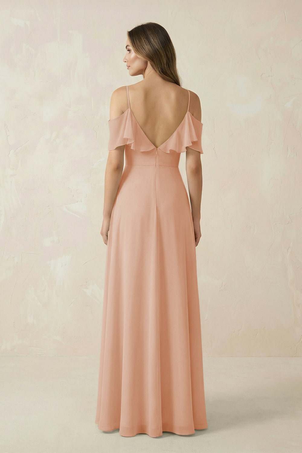 Off-the-Shoulder Ruffled A-Line Chiffon Bridesmaid Dress in Champagne Rose